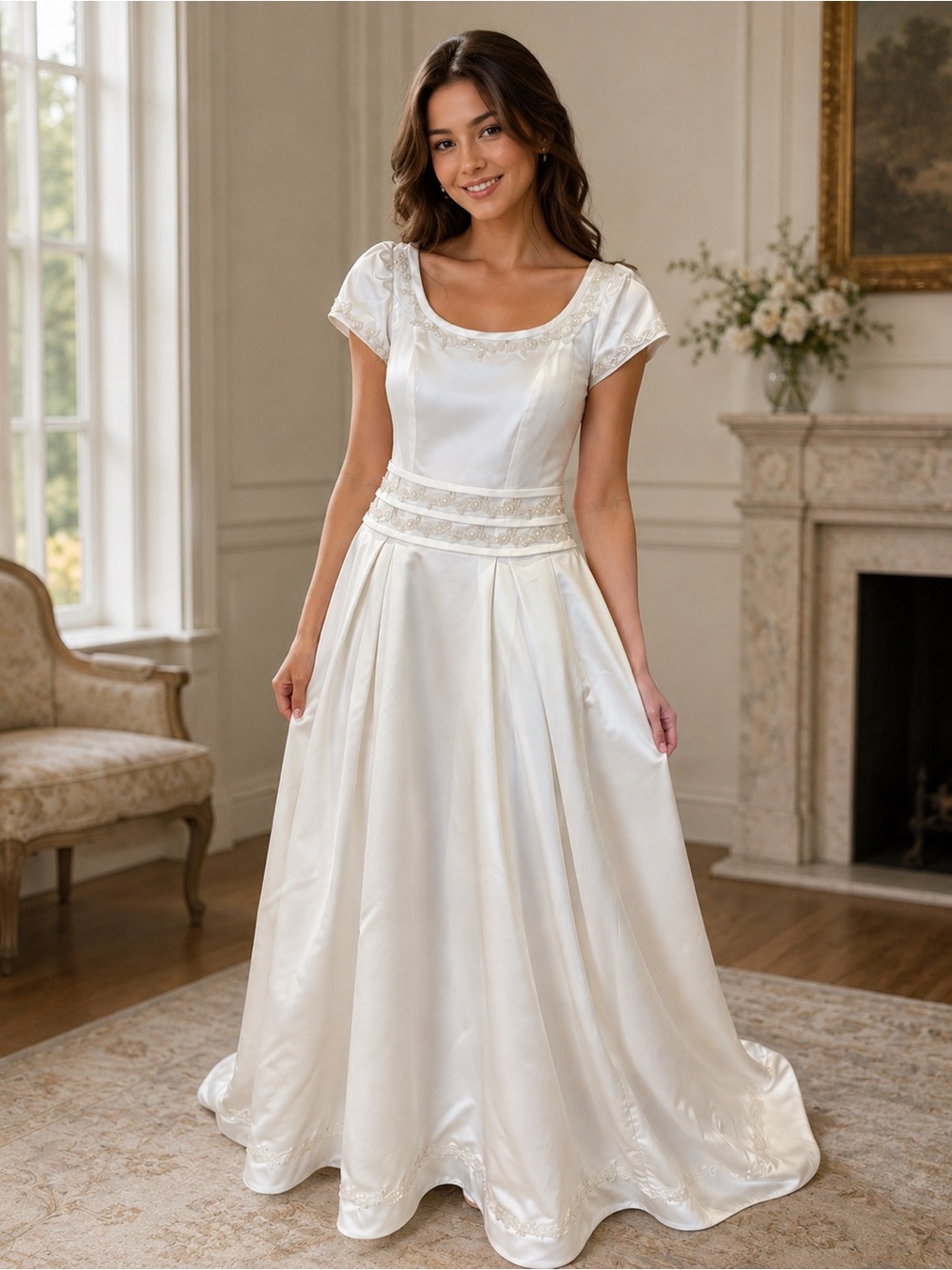 “C1” Mori Lee Ivory Satin A-Line Bridal Gown with Short Sleeves